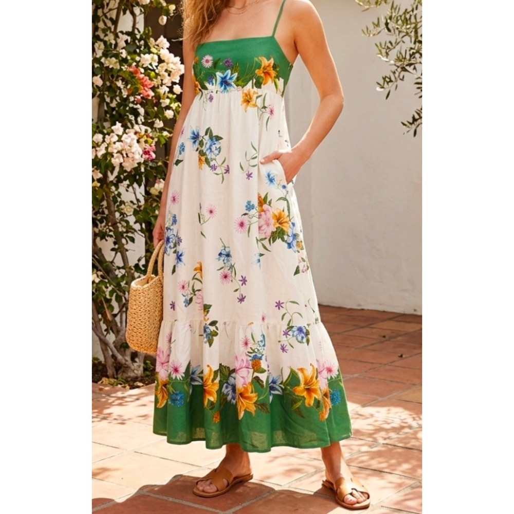 Rachel Zoe Floral Linen Blend Maxi Dress Green White Smocked Back Pockets Garden